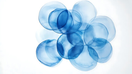 Fototapeta premium Abstract blue watercolor brush strokes in the shape of circles on a white background, with a white and light blue color scheme