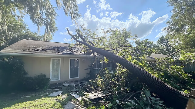 A tree that fell from a hurricane damaged the roof of a house during the storm