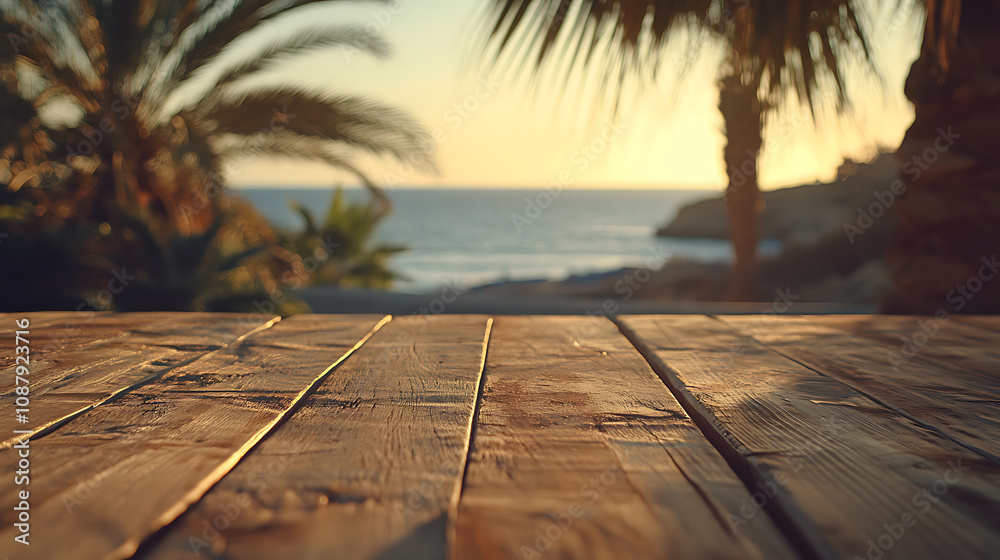 Poster a wooden table with a blurred background of palm trees and the sea, creating an exotic summer concep