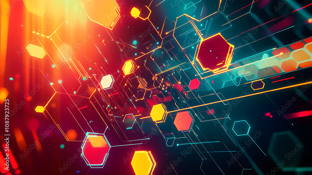 Aufkleber a digital illustration of an abstract background with hexagons and icons representing technology, in