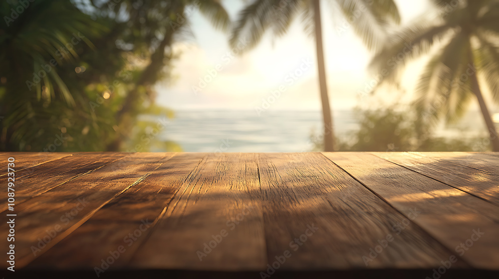 Poster a wooden table with a blurred background of palm trees and the sea, creating an exotic summer concep