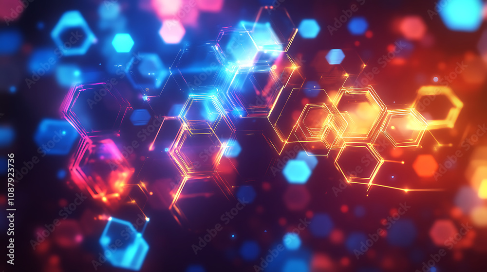 Aufkleber a digital illustration of an abstract background with hexagons and icons representing technology, in