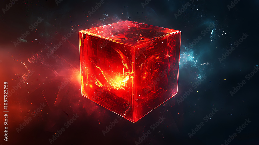 Poster A digitally rendered abstract red cube with multiple layers and glowing elements, presented against a dark backdground