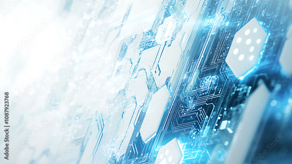 Poster Abstract background with blue triangles and flying particles on a white background