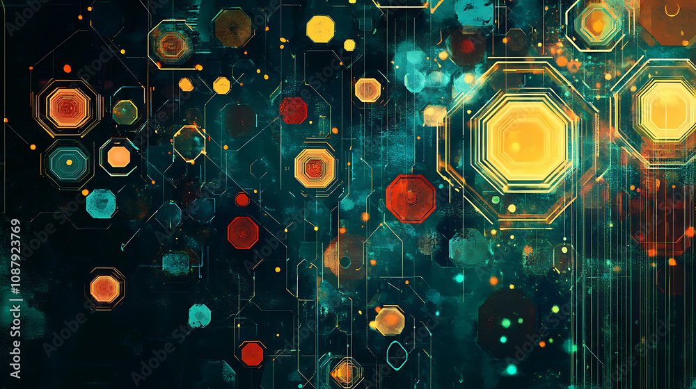 Aufkleber a digital illustration of an abstract background with hexagons and icons representing technology, in