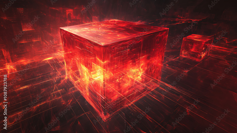 Poster A digitally rendered abstract red cube with multiple layers and glowing elements, presented against a dark backdground
