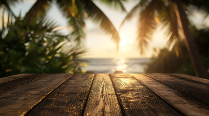 A wooden table with a blurred background of palm trees and the sea, creating an exotic summer concept