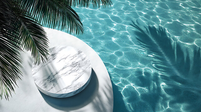 An aerial view of a marble podium stand in swimming pool water, shaded by a palm, creating a summer tropical backdrop ideal for showcasing luxury products