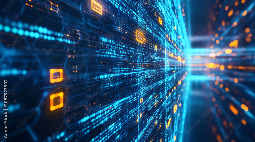 Poster Abstract blue gear high-tech background with technology, digital and data elements Digital future tech banner template