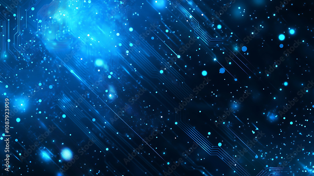 Poster Abstract blue technology background with a circuit board pattern and dots on a dark blue banner for web design, a digital tech