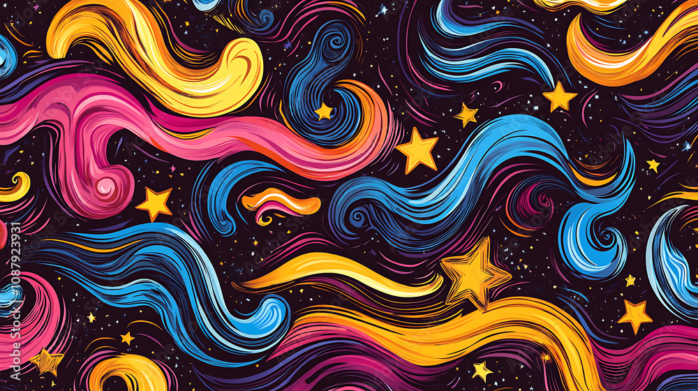 Poster colorful psychedelic background with swirling waves and stars retro groovy pattern for tshirt print,