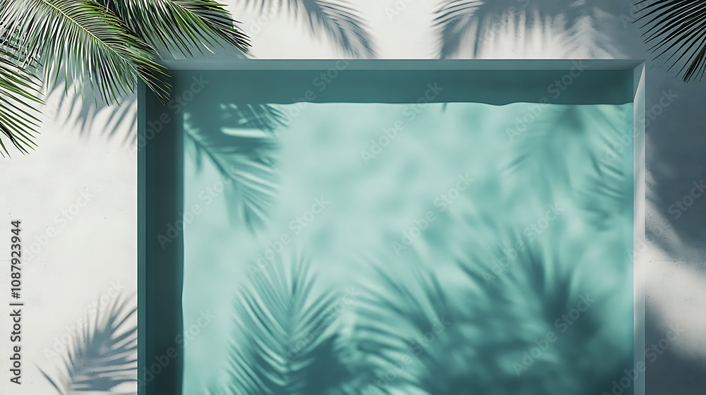Aufkleber an overhead view of a luxurious swimming pool with the shadow of a palm cast on the water, creating 