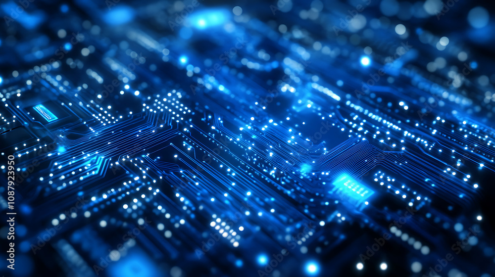 Fototapete abstract blue technology background with a circuit board pattern and dots on a dark blue banner for 