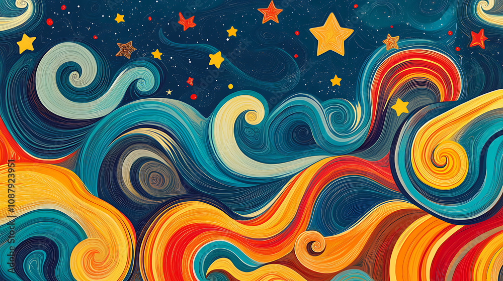 Aufkleber colorful psychedelic background with swirling waves and stars retro groovy pattern for tshirt print,