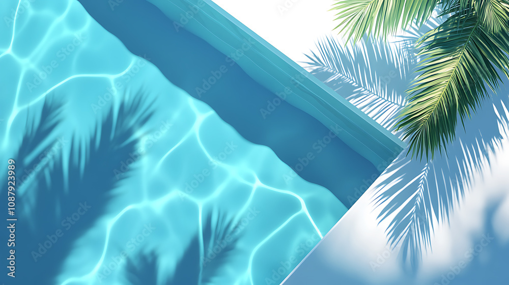 Poster an overhead view of a luxurious swimming pool with the shadow of a palm cast on the water, creating 