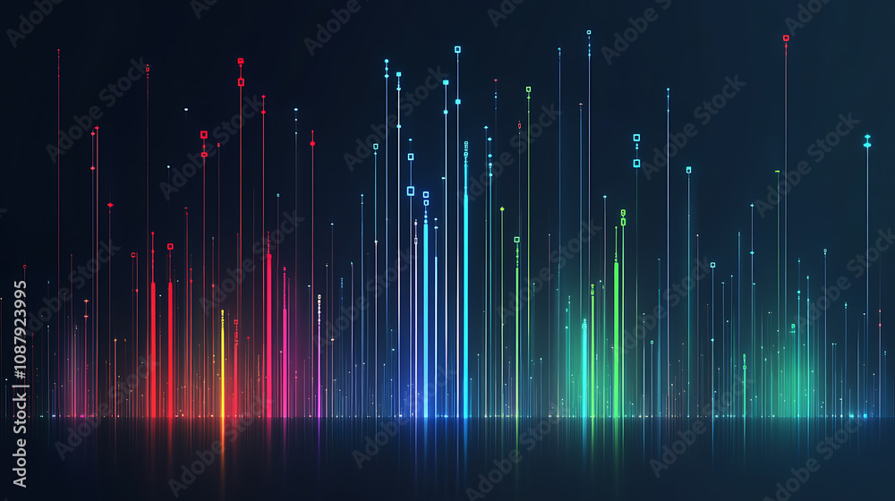 Poster Abstract data visualization background data flow concept with binary code and stripes in blue green red colors on dark navy blue gradient background
