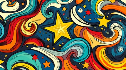 Fototapeta premium Colorful psychedelic background with swirling waves and stars Retro groovy pattern for tshirt print, wallpaper design