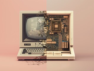 Vintage desktop computer on one side, morphing into a sleek AI interface or futuristic gadget on the other, symbolizing the transition from past to present in tech