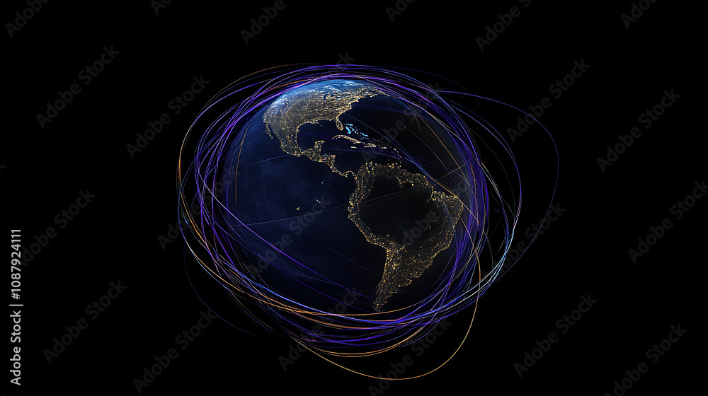 Aufkleber Glowing blue and purple lines orbit around the globe, representing global connectivity and technology's impact on world events in dark background