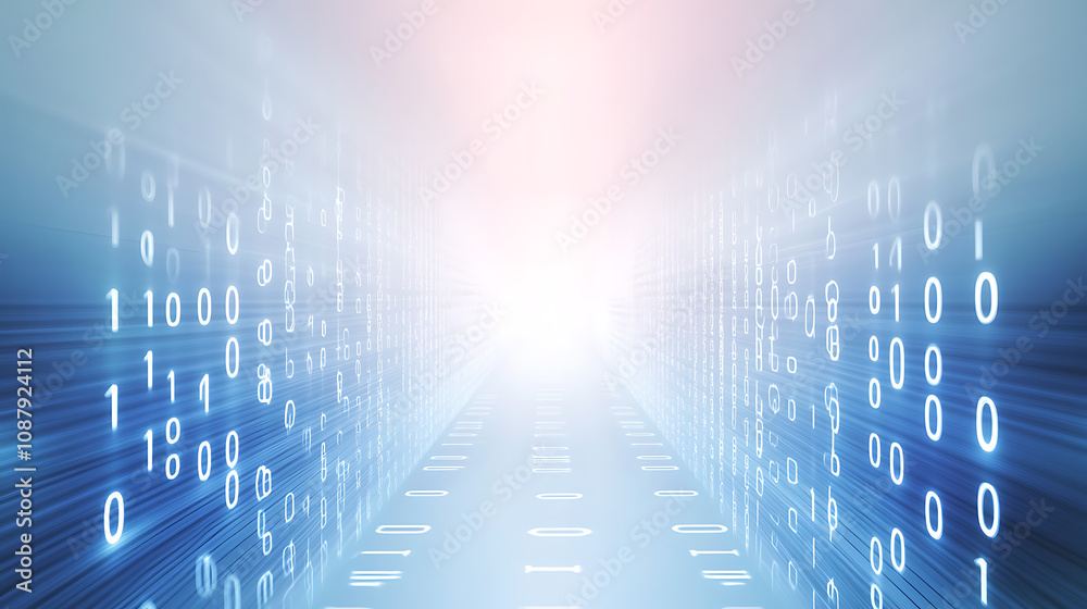 Poster Abstract digital technology background with blue glowing hexagons and binary code, symbolizing the concept of global network connection