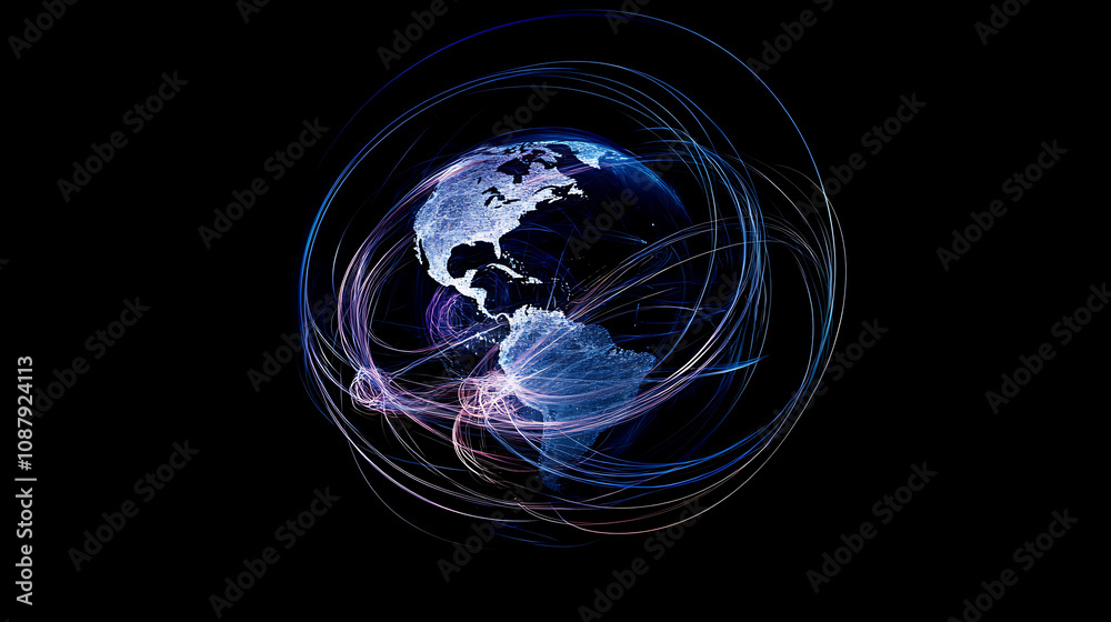 Poster glowing blue and purple lines orbit around the globe, representing global connectivity and technolog