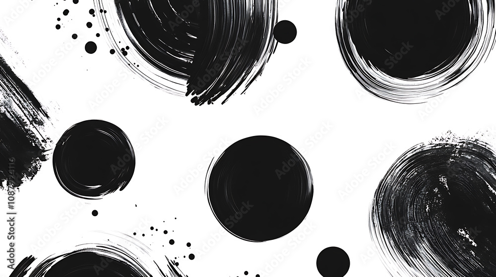 Poster black ink brush stroke abstract circles and splashes on white background