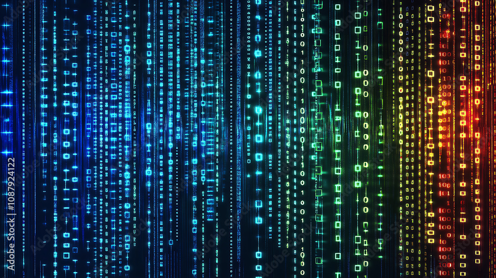 Poster Abstract data visualization background data flow concept with binary code and stripes in blue green red colors on dark navy blue gradient background
