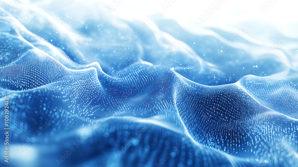 Poster Abstract background with blue triangles and flying particles on a white background