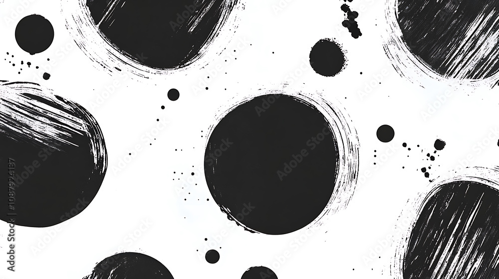 Poster black ink brush stroke abstract circles and splashes on white background