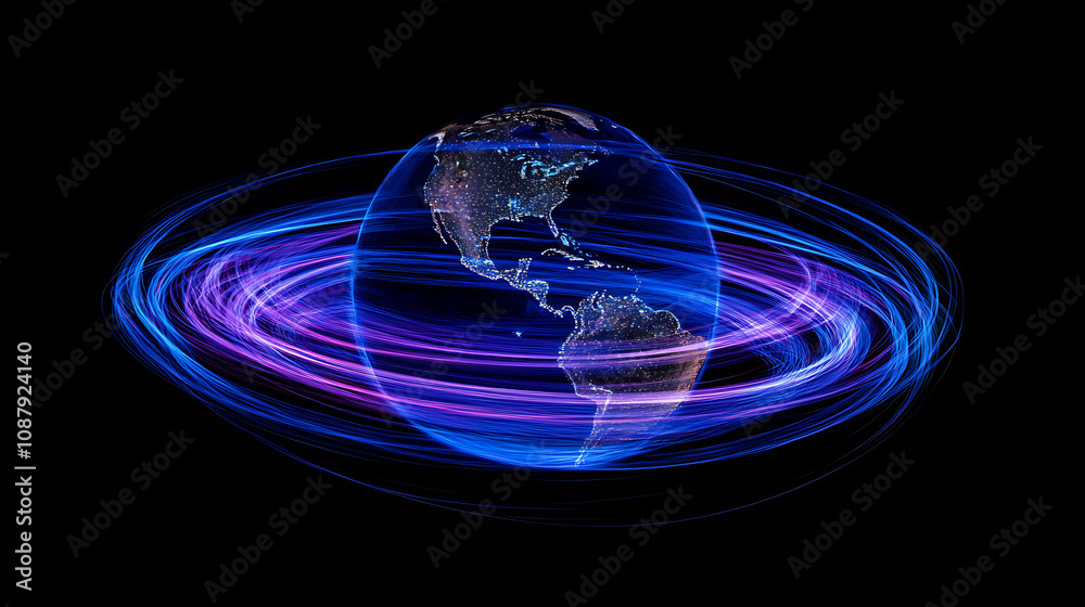 Poster glowing blue and purple lines orbit around the globe, representing global connectivity and technolog