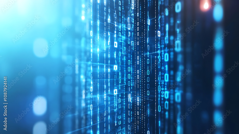 Poster Abstract digital technology background with blue glowing hexagons and binary code, symbolizing the concept of global network connection