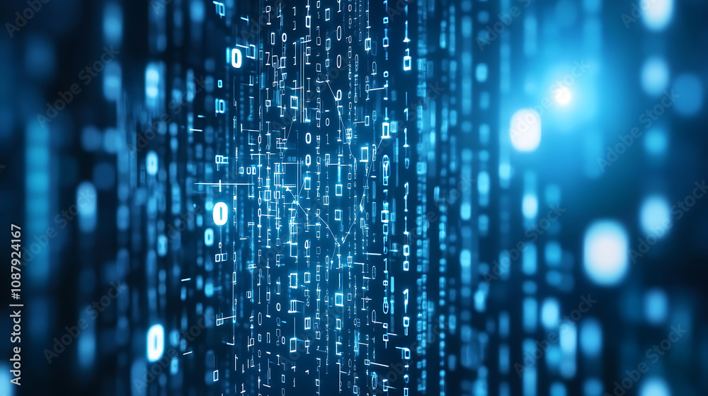 Poster Abstract digital technology background with blue glowing hexagons and binary code, symbolizing the concept of global network connection