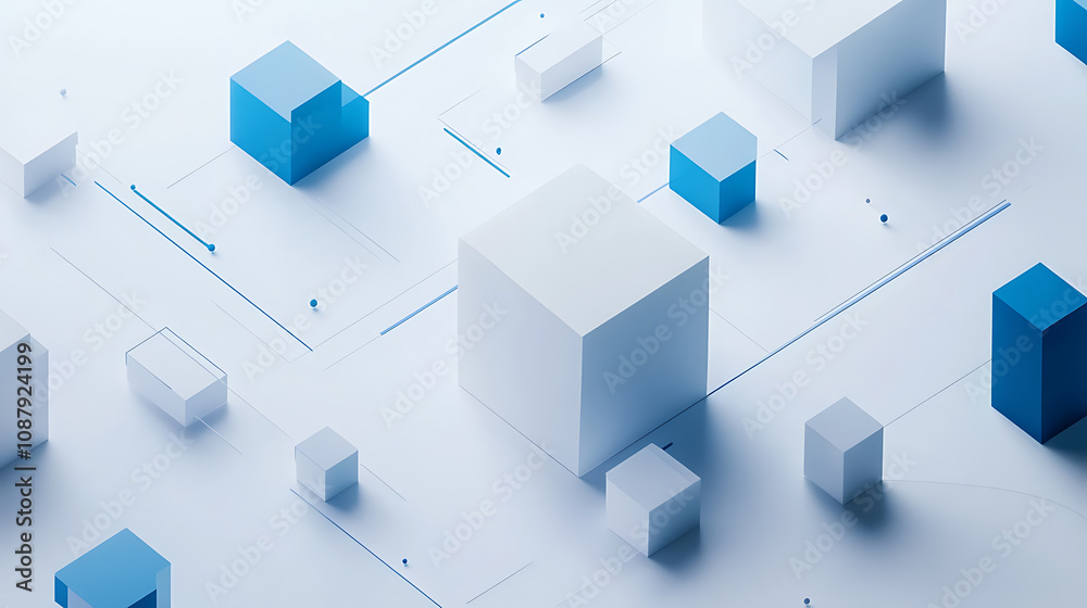 Poster a white background with blue and gray geometric shapes, representing the digital transformation of c