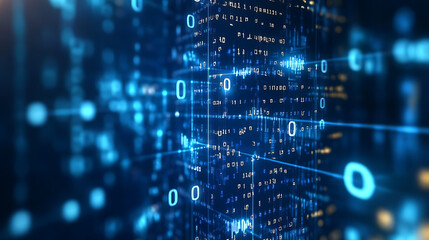 Obraz premium Abstract digital technology background with blue glowing hexagons and binary code, symbolizing the concept of global network connection