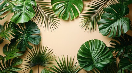 A vibrant arrangement of tropical leaves framing a neutral background.