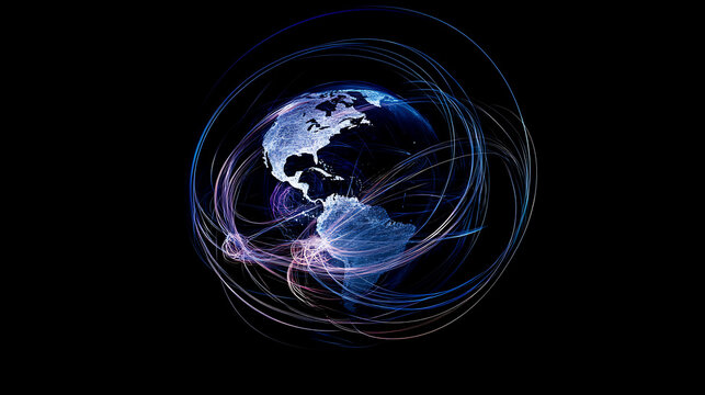 Glowing blue and purple lines orbit around the globe, representing global connectivity and technology's impact on world events in dark background