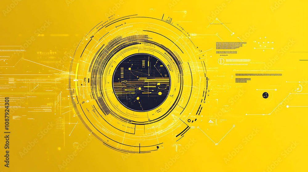 Poster a yellow circle with an abstract design of various shapes and lines around it, representing data or 