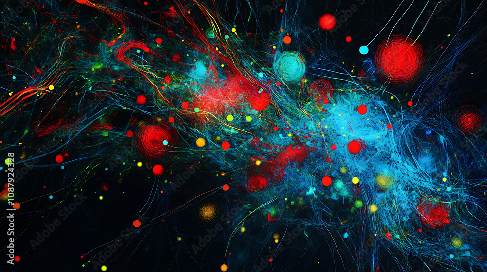 Fototapete abstract digital background with lines and dots in blue, red and green colors on a dark background