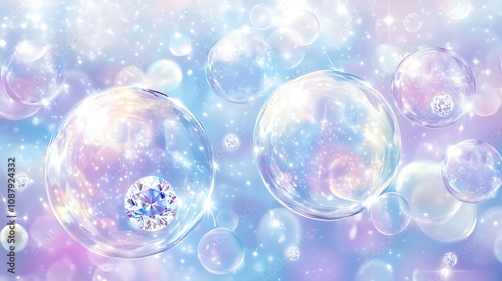 Poster many white transparent bubbles floated in the air, with diamonds inside on a light blue background t