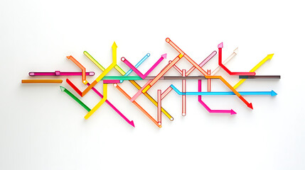 Abstract colorful arrows in the shape of subway map lines on a white background