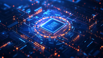 Abstract digital background with futuristic geometric shapes and glowing lights, symbolizing technology and innovation