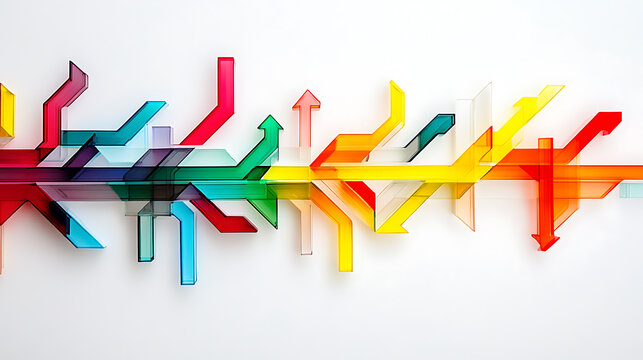 Abstract colorful arrows in the shape of subway map lines on a white background
