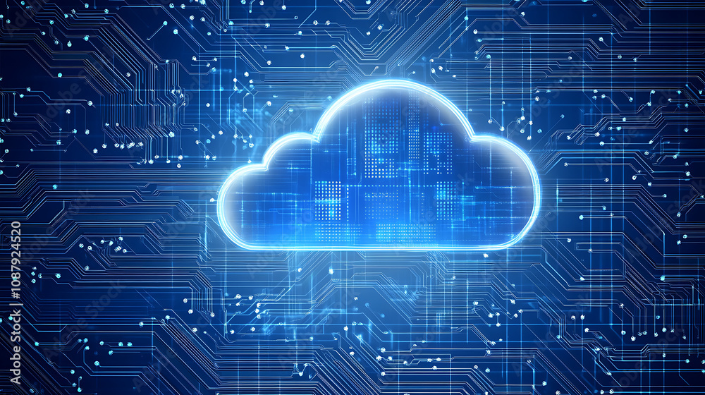 Poster An artistic representation of a cloud computing concept, featuring a microchip with a cloud symbol, symbolizing advanced data upload and storage technology in the digital age
