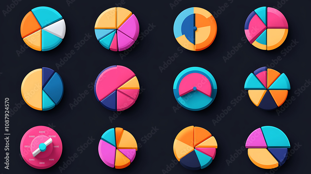 Poster An icon set depicting a pie chart divided into 29 segments, useful for infographics and data representation