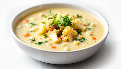 Creamy cauliflower soup with vegetables in white bowl