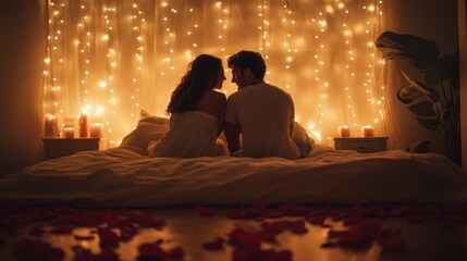 Romantic bedroom setting with fairy lights and candles, featuring a couple sharing an intimate moment on a bed covered with white sheets and scattered red rose petals.