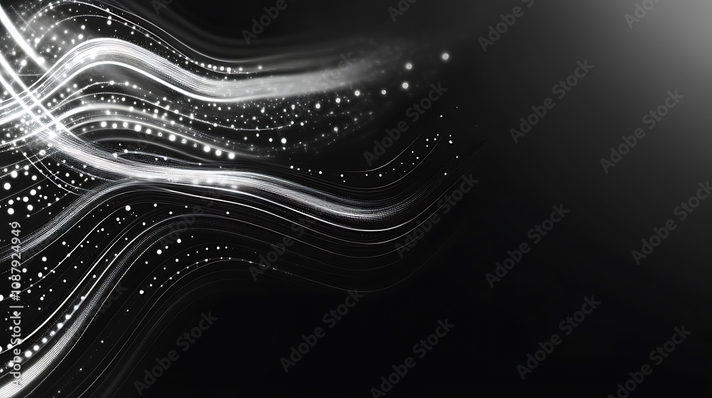 Poster Black background with white glowing digital data lines and shapes Abstract technology or futuristic banner design