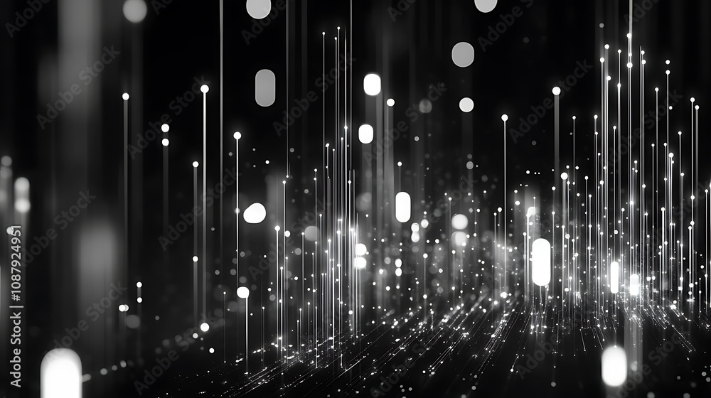 Poster Black background with white glowing digital data lines and shapes Abstract technology or futuristic banner design