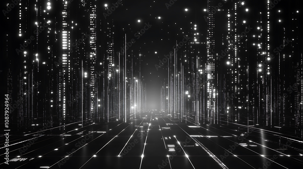 Aufkleber Black background with white glowing digital data lines and shapes Abstract technology or futuristic banner design