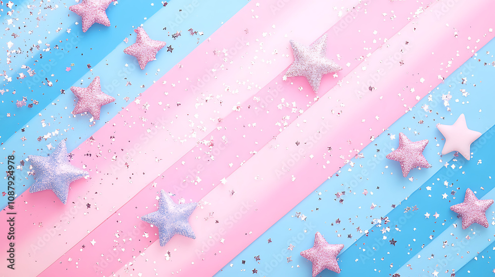 Poster the background features diagonal pink and blue gradient stripes, sparkles and stars in the shiny, br
